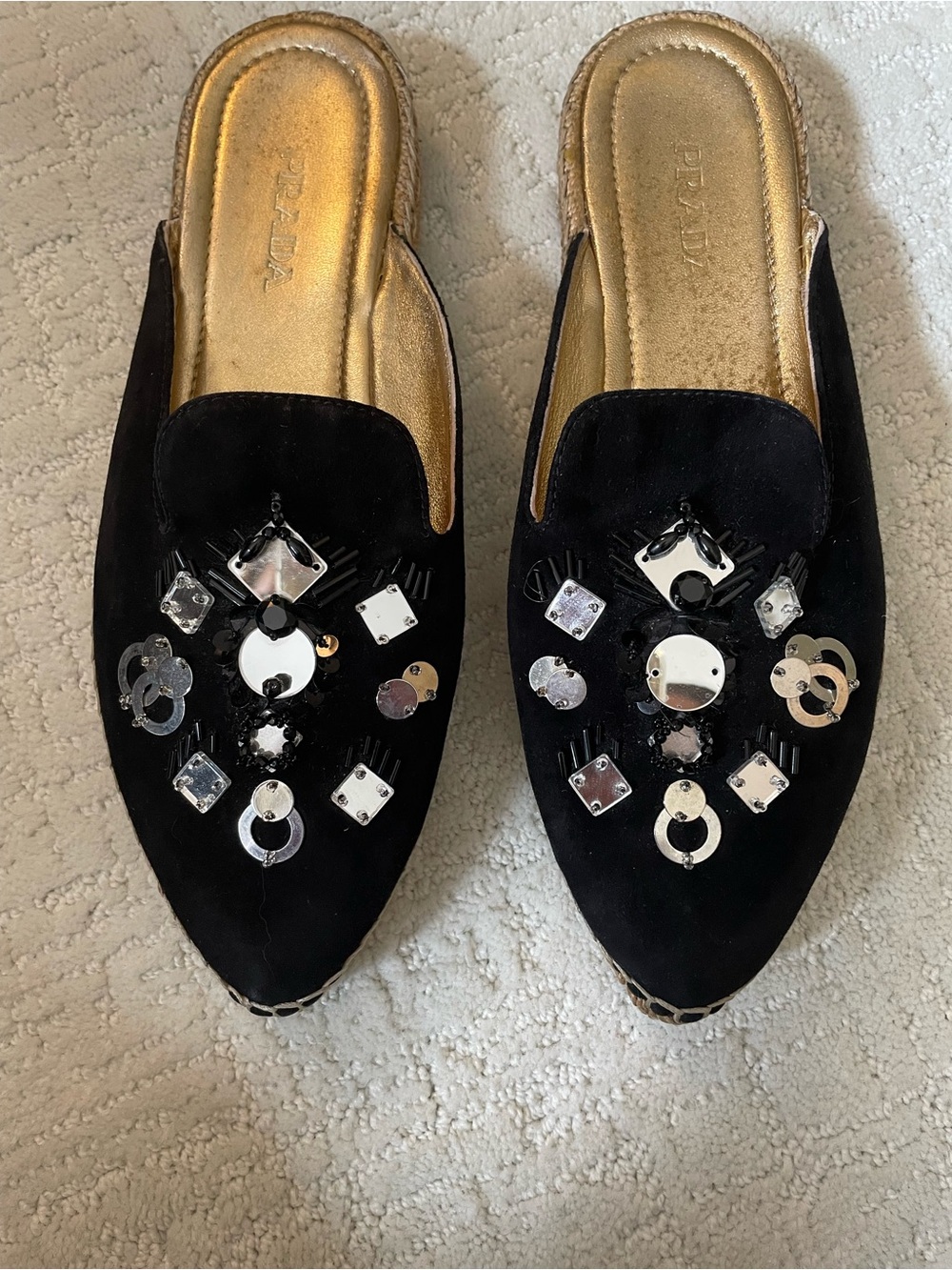 Prada Black Suede Bijou Pointed Toe Mule Shoes Mirror Metallic Accents Summer 10 - Picture 3 of 10